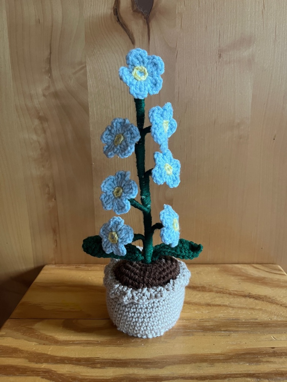 🎉HP🎉 Handcrafted Blue Crochet Forget Me Not Flower Plant in Cream Pot
